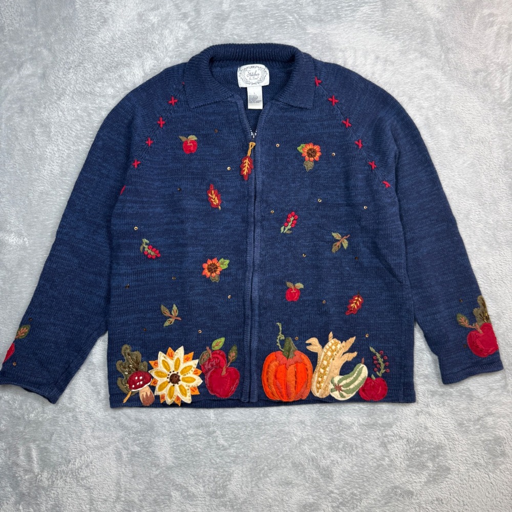 Vintage Stitches In Time Cardigan Sweater Womens L Blue Fall Pumpkin Floral Y2K